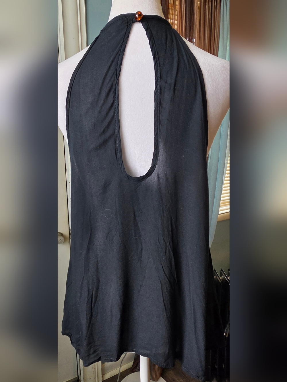 Y2K Vintage Halter Swing Tank Womens L Black w Red Pom-Trim Dark Boho Lightweigh - Picture 4 of 9
